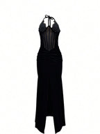 Women's Spring/Summer Sparkling Rhinestone Mesh Patchwork Pleated Slit Sexy Maxi Dress Birthday Party Evening Gown Holiday Wedding Black