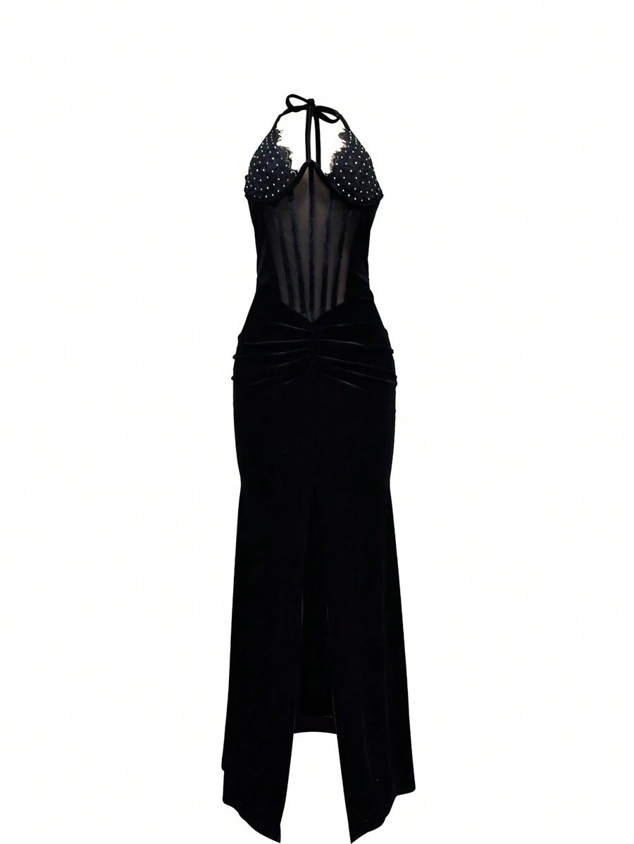 Women's Spring/Summer Sparkling Rhinestone Mesh Patchwork Pleated Slit Sexy Maxi Dress Birthday Party Evening Gown Holiday Wedding Black
