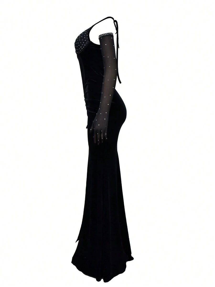Women's Spring/Summer Sparkling Rhinestone Mesh Patchwork Pleated Slit Sexy Maxi Dress Birthday Party Evening Gown Holiday Wedding Black
