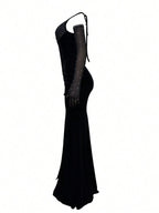Women's Spring/Summer Sparkling Rhinestone Mesh Patchwork Pleated Slit Sexy Maxi Dress Birthday Party Evening Gown Holiday Wedding Black