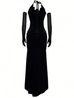 Women's Spring/Summer Sparkling Rhinestone Mesh Patchwork Pleated Slit Sexy Maxi Dress Birthday Party Evening Gown Holiday Wedding Black