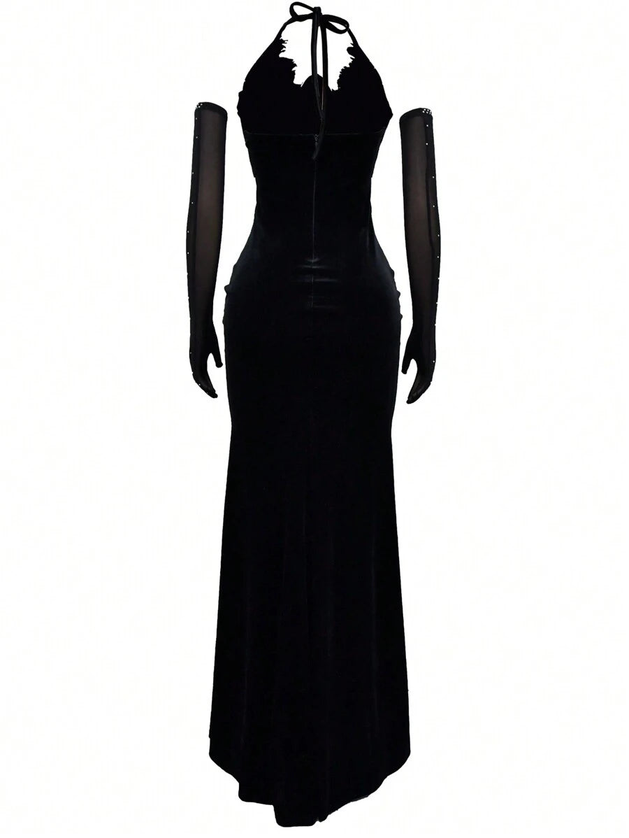 Women's Spring/Summer Sparkling Rhinestone Mesh Patchwork Pleated Slit Sexy Maxi Dress Birthday Party Evening Gown Holiday Wedding Black