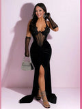 Women's Spring/Summer Sparkling Rhinestone Mesh Patchwork Pleated Slit Sexy Maxi Dress Birthday Party Evening Gown Holiday Wedding Black