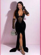 Women's Spring/Summer Sparkling Rhinestone Mesh Patchwork Pleated Slit Sexy Maxi Dress Birthday Party Evening Gown Holiday Wedding Black