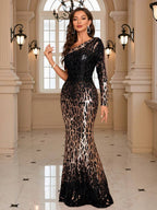 UNITHORSE Asymmetric Neckline Sequin Mermaid Formal Dress, School Uniform, Autumn Women Apparel Wedding Party