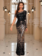 UNITHORSE Asymmetric Neckline Sequin Mermaid Formal Dress, School Uniform, Autumn Women Apparel Wedding Party