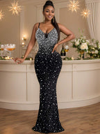 Elegant Women's Rhinestone Sparkling Nightclub Sexy Sleeveless Long Dress Formal Evening Gown Birthday Party Wedding Guest Dress Black Polka Dot