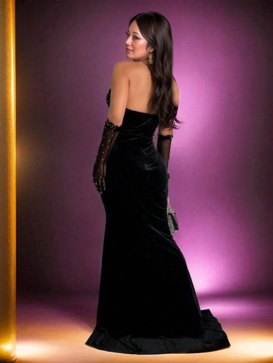 Women's Spring/Summer Sparkling Rhinestone Mesh Patchwork Pleated Slit Sexy Maxi Dress Birthday Party Evening Gown Holiday Wedding Black