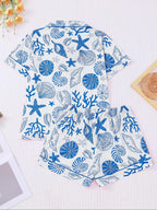 Women's All Over Shell Print Short Sleeve Pajama Two-piece Set