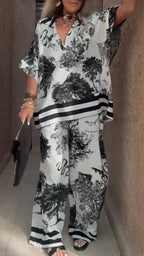 Women's V-neck Top + Printed Trousers Casual Suit