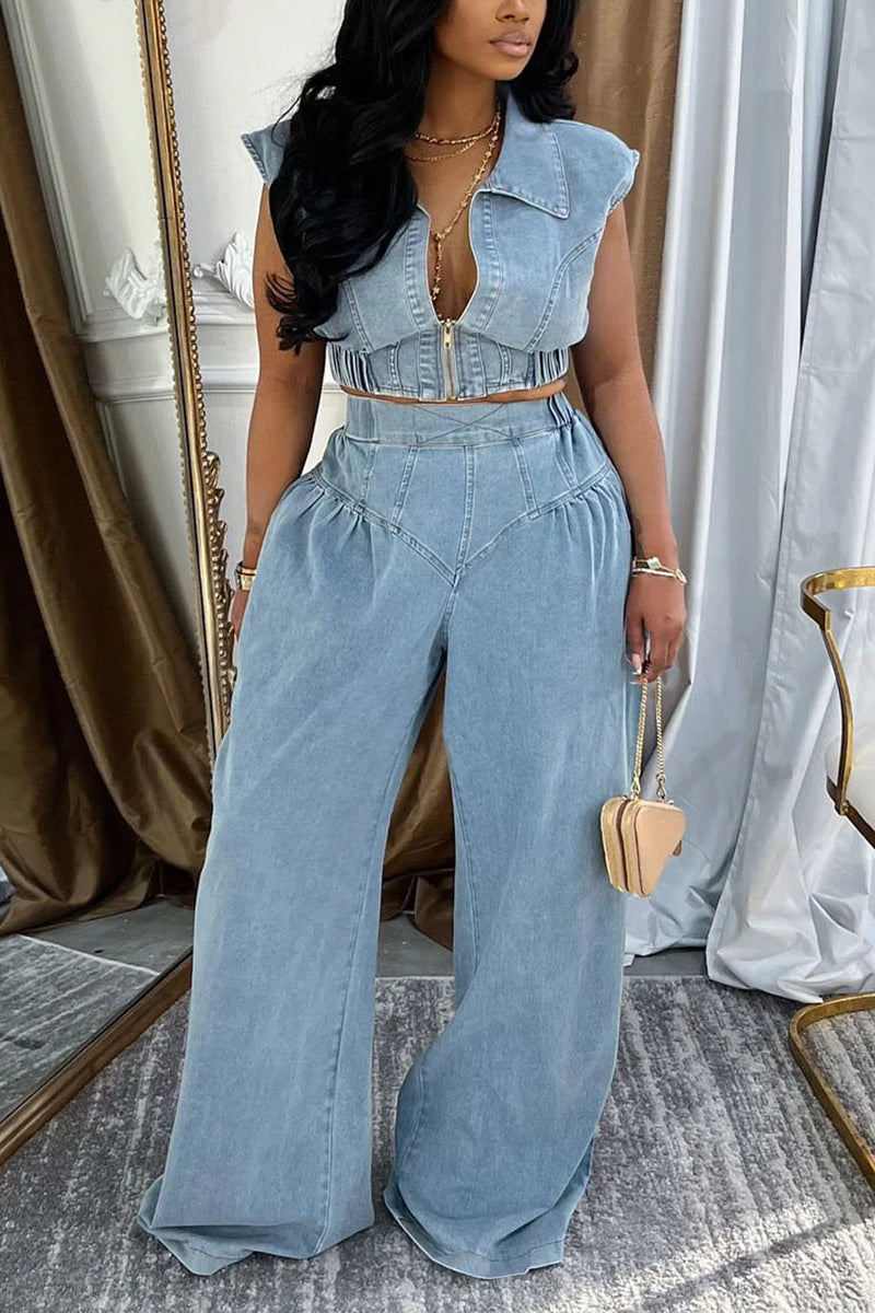 Women's Collar Zipper Short Top+pants Casual Set