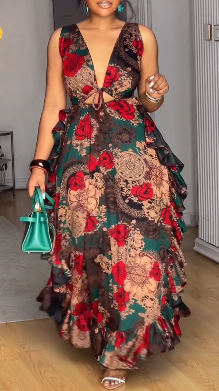 Ladies' V-neck Printed Hollow Irregular Temperament Elegant Dress