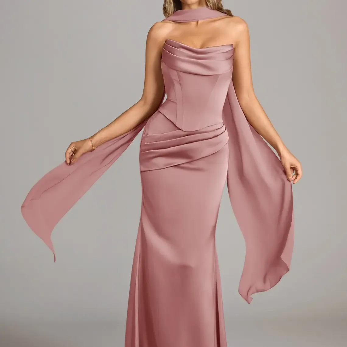 Azazie Sorrel Corset Lace-up Mermaid Wedding Guest Evening Luminous Satin Maxi Dress Minimalist