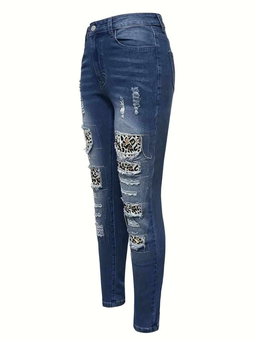 Women's Denim Patchwork Leopard Print Ripped Casual Trousers