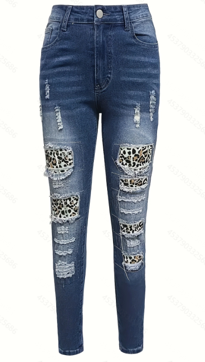 Women's Denim Patchwork Leopard Print Ripped Casual Trousers