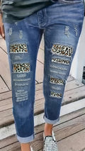 Women's Denim Patchwork Leopard Print Ripped Casual Trousers