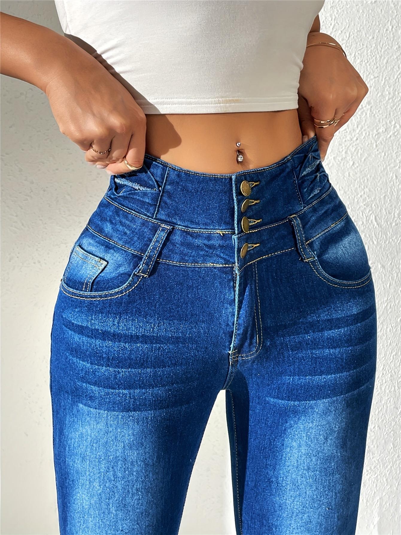 Women's Denim Button High Waist Washed Skinny Trousers
