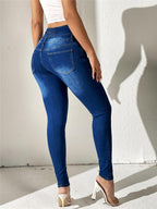 Women's Denim Button High Waist Washed Skinny Trousers