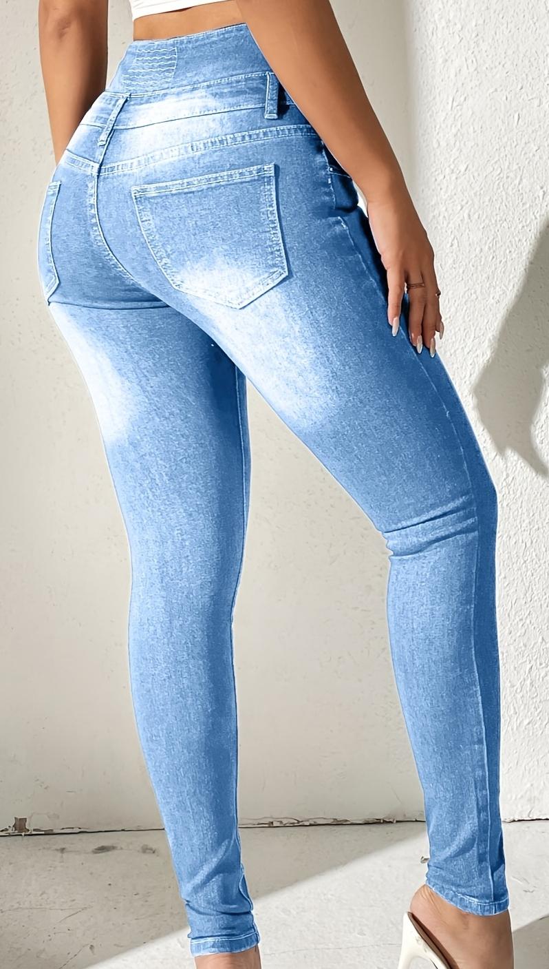 Women's Denim Button High Waist Washed Skinny Trousers