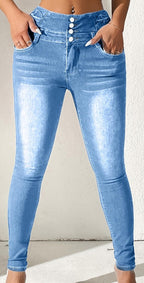 Women's Denim Button High Waist Washed Skinny Trousers