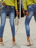 Women's Washed Denim Trousers with Button and Zipper Cut