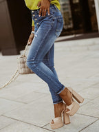 Women's Washed Denim Trousers with Button and Zipper Cut