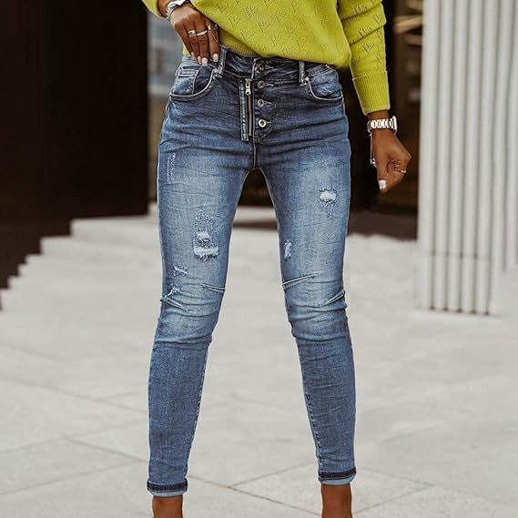 Women's Washed Denim Trousers with Button and Zipper Cut