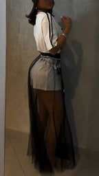 Ladies' Round Neck Printed T-shirt+ Mesh Skirt Casual Set