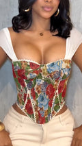 Ladies Square Collar Printed Back Strap Top+ Multi Pocket Patchwork Pants Casual Set