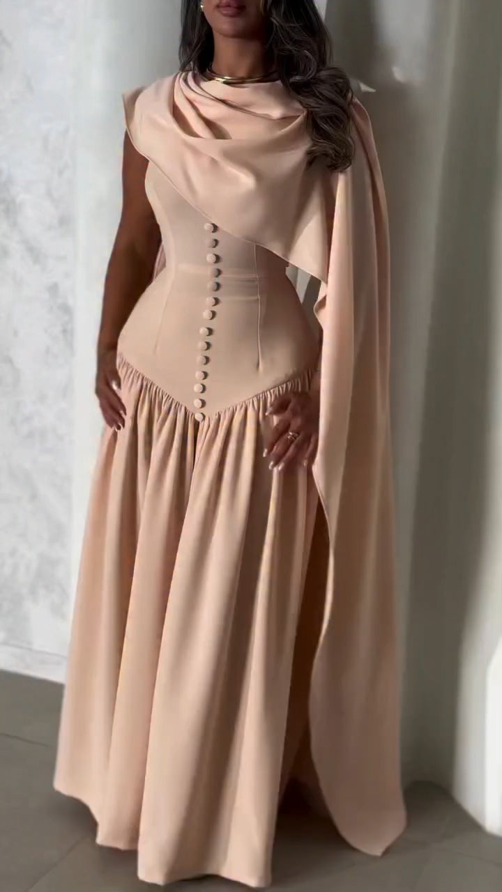 Ladies Round Neck Buckle Patchwork Shawl Elegant Temperament Dinner Dress