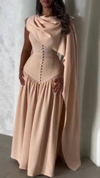 Ladies Round Neck Buckle Patchwork Shawl Elegant Temperament Dinner Dress
