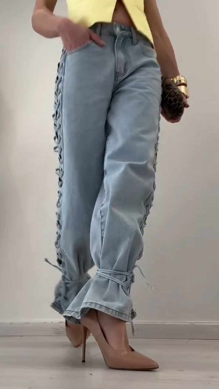 Ladies Side Cross Tie Casual Jeans