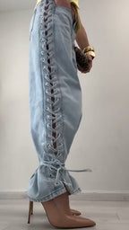 Ladies Side Cross Tie Casual Jeans