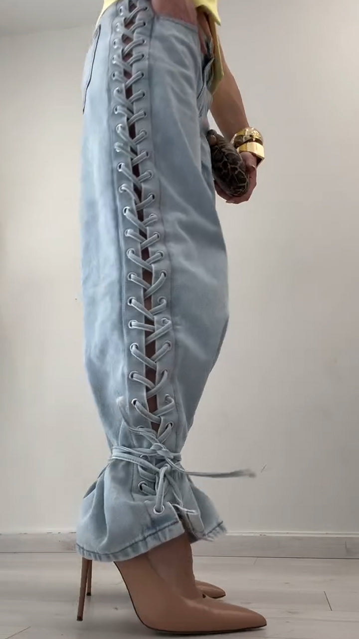 Ladies Side Cross Tie Casual Jeans