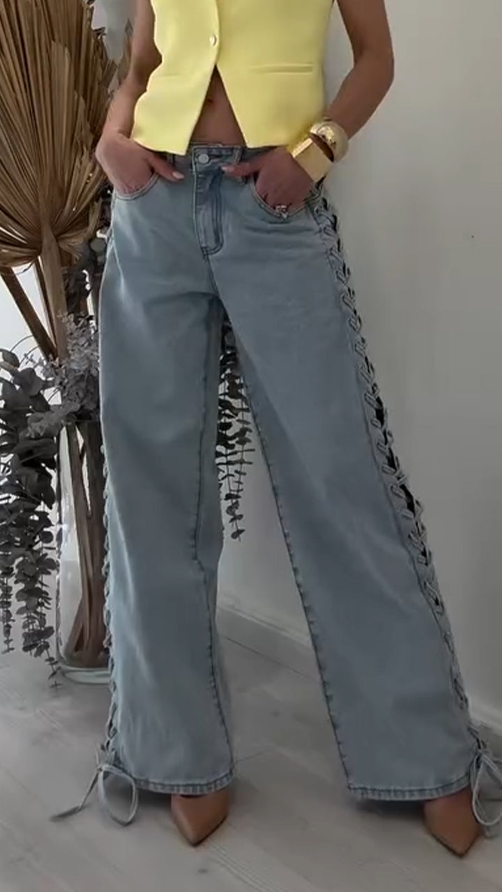Ladies Side Cross Tie Casual Jeans