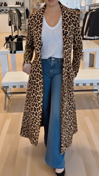 Women Lapel Leopard Print Casual Windbreaker
