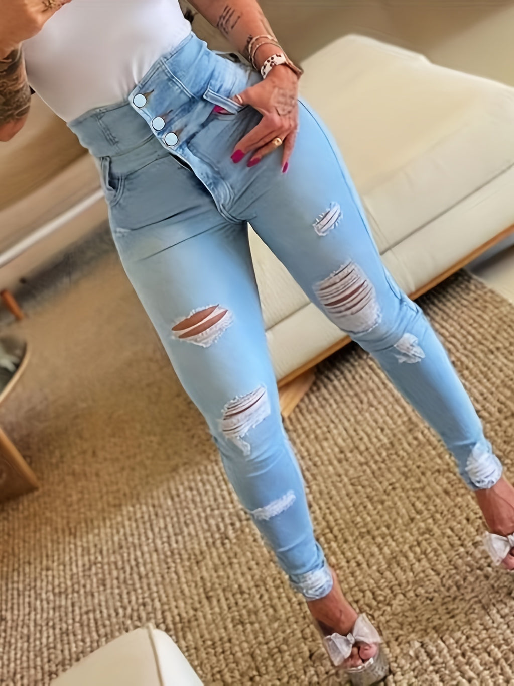 Ladies High Waisted Ripped Scratch Casual Jeans