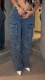 Women Hot Diamond Splicing Multi-pocket Casual Jeans
