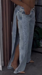 Women Side Buttoned Slit Rhinestone Washed Casual Jeans