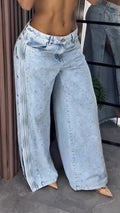 Women Side Buttoned Slit Rhinestone Washed Casual Jeans
