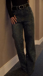 Women Rhinestone Washed Casual Jeans