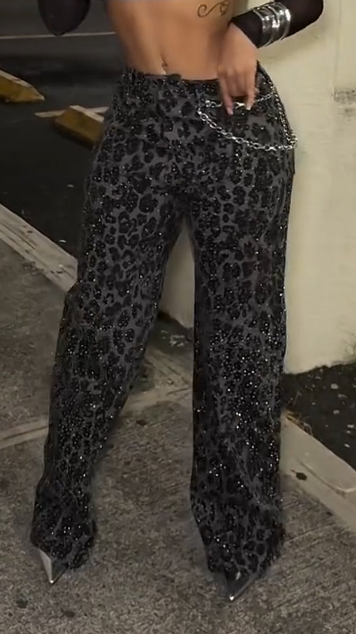 Women Leopard Print Rhinestone Casual Pants