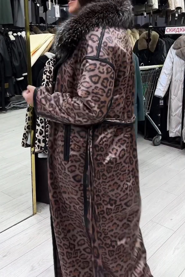 Women Elegant Gorgeous Velvet Leopard Print Fur Collar Lace-Up Coat