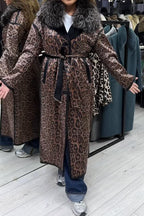 Women Elegant Gorgeous Velvet Leopard Print Fur Collar Lace-Up Coat