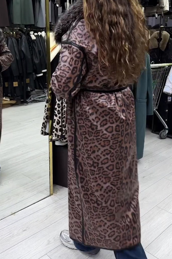 Women Elegant Gorgeous Velvet Leopard Print Fur Collar Lace-Up Coat