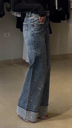 Women Rhinestone Washed Stitching Casual Jeans