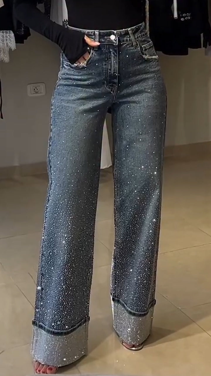 Women Rhinestone Washed Stitching Casual Jeans