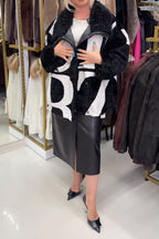 Women Casual Plush Drawstring Letter Pattern Reversible Fleece Jacket