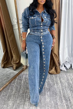 Women Collar and Buckle Splicing Casual Denim Suit