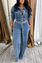 Women Collar and Buckle Splicing Casual Denim Suit